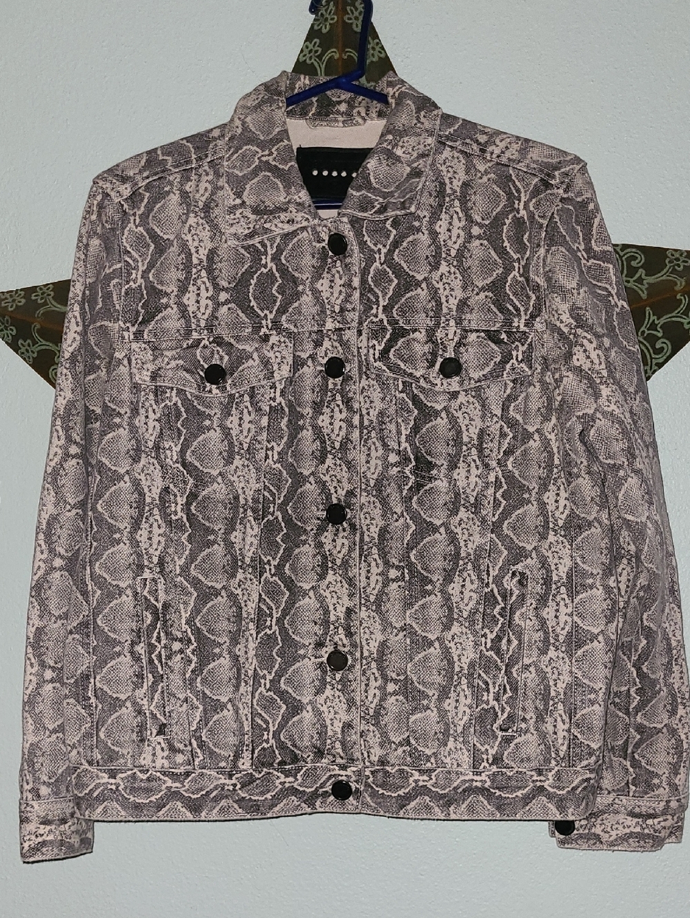 Blank NYC Snake-Print Denim Jacket in Gray and Cream